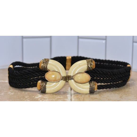 Vintage Sonia Petroff Aries Jeweled Cabochon Buckle Twisted Black Cord Belt